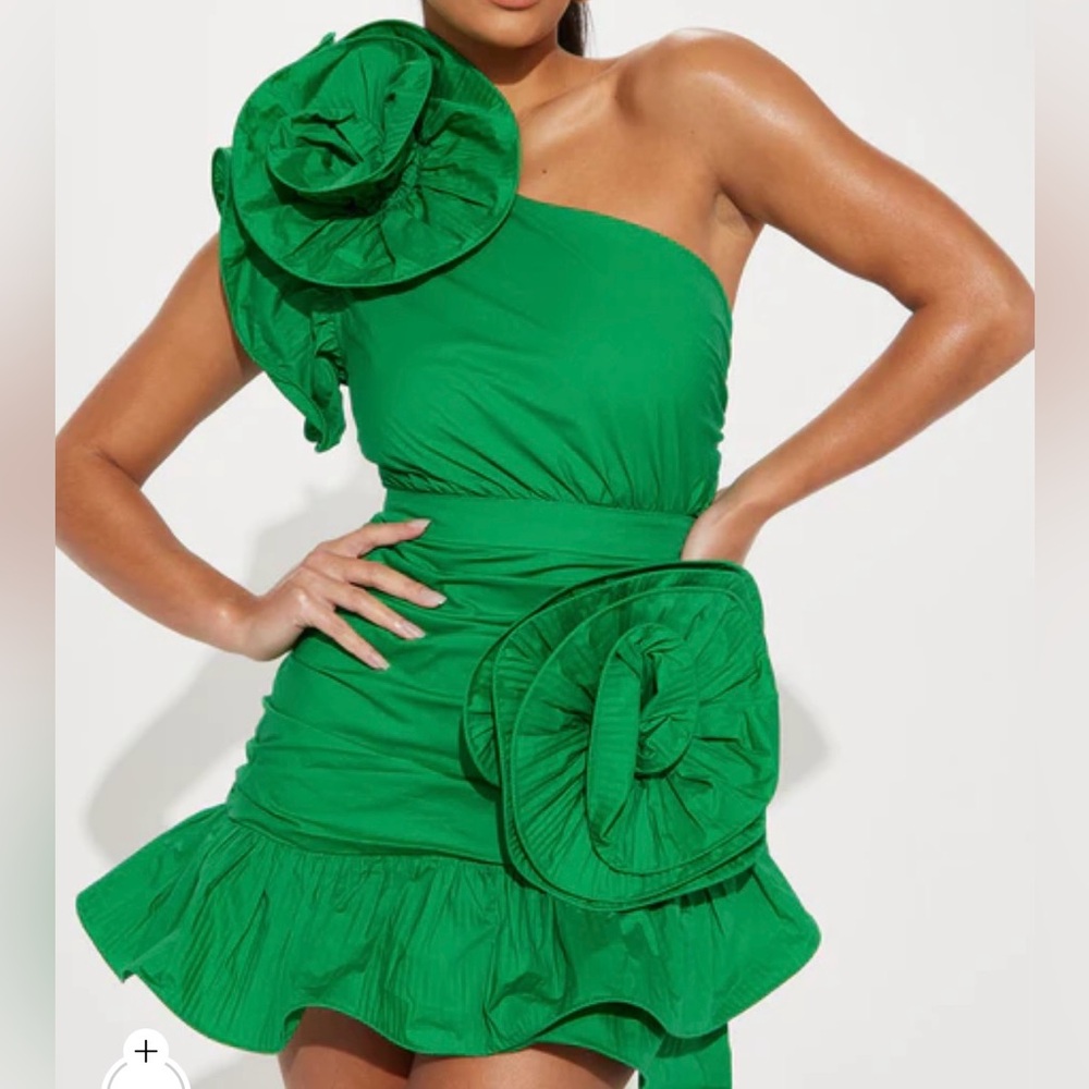 Fashion Nova Green One Shoulder Ruched Cocktail Dress